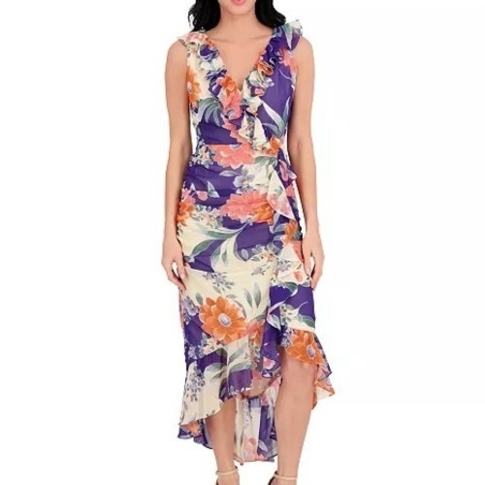 Kensie Printed Ruffled High Low Maxi V Neck Chiffon Floral Dress Womens Size 8